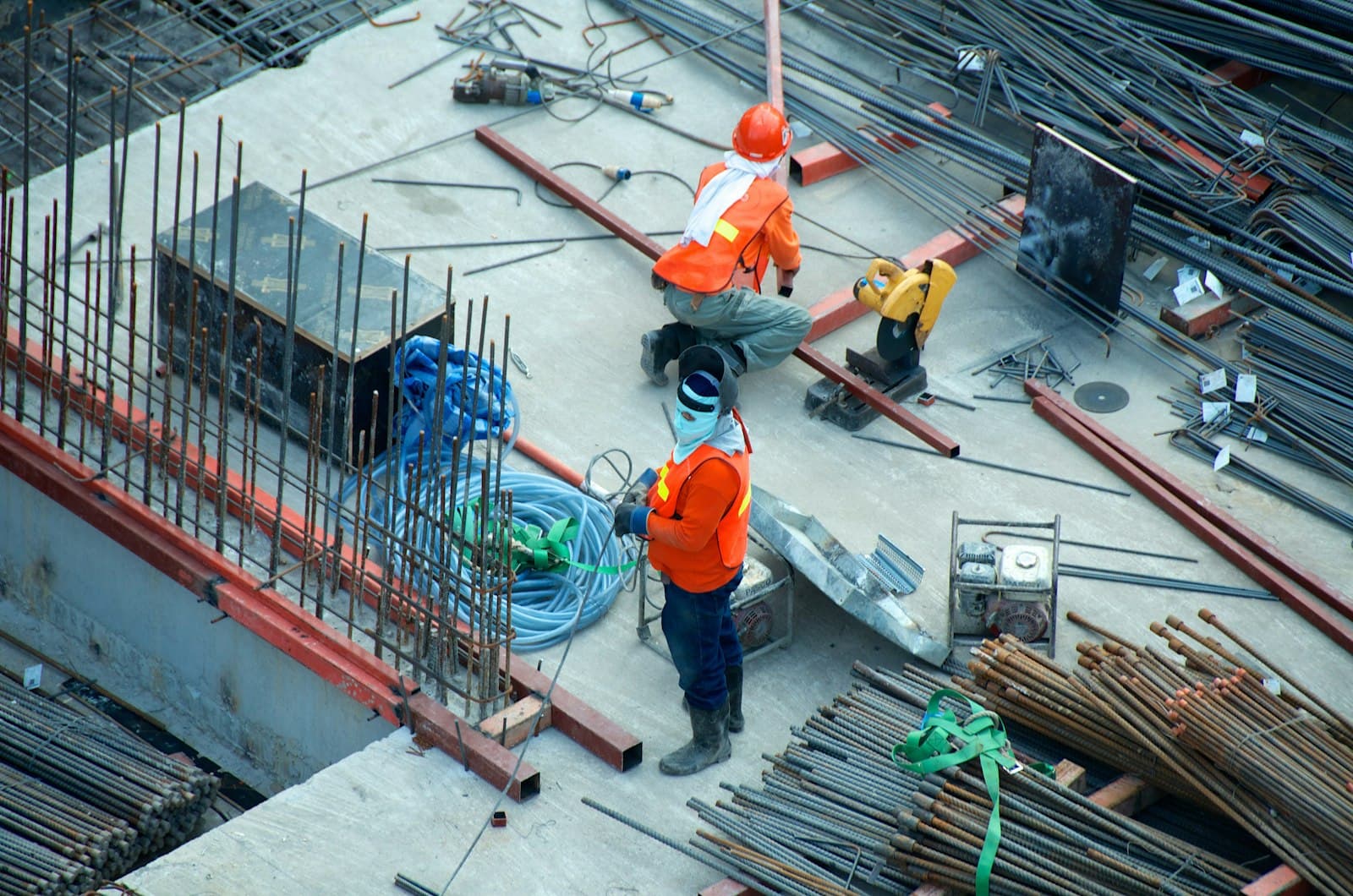 Steel reinforcement being fixed on a construction site
