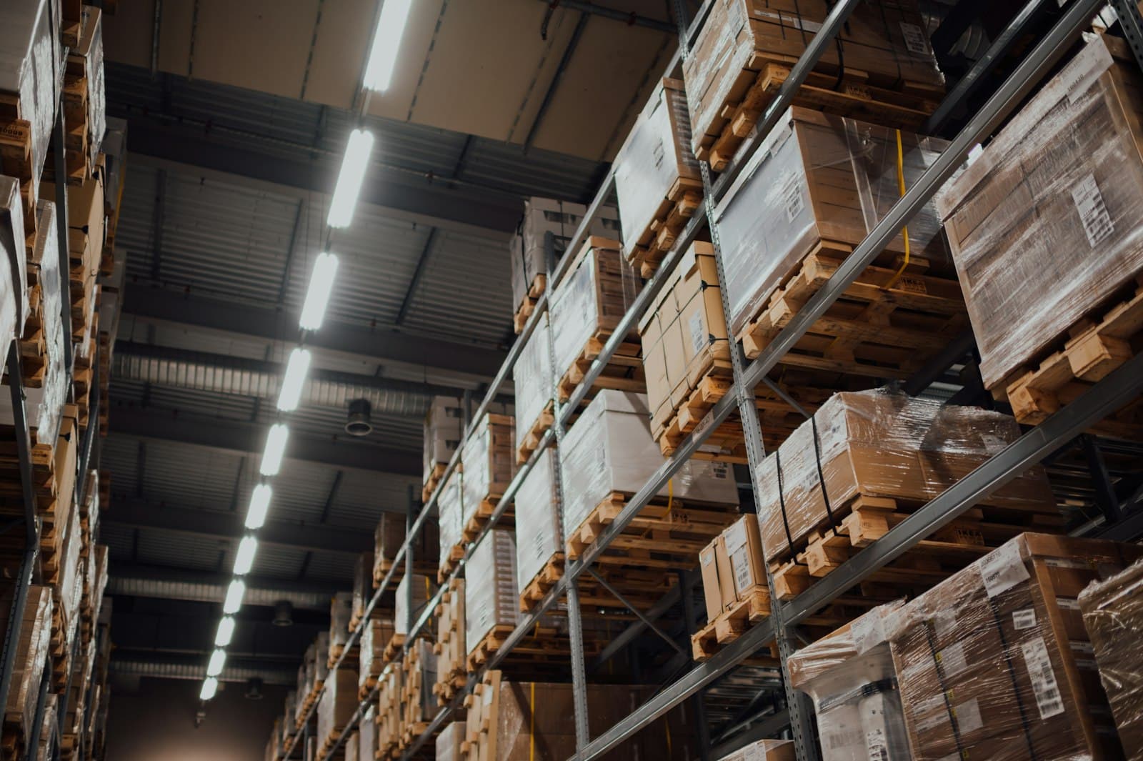 Racked storage bays holding building materials in a supply store